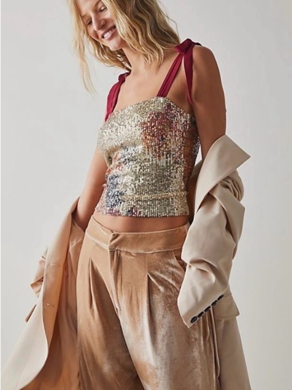 NWT New Intimately Free People Night Garden Sequin Gold Tank Top Tie-Straps XS